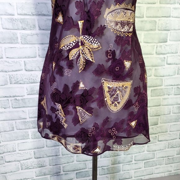 Vintage 90s California Dynasty L Purple Gold Floral Babydoll Nightgown Chemise‎ - Picture 3 of 8